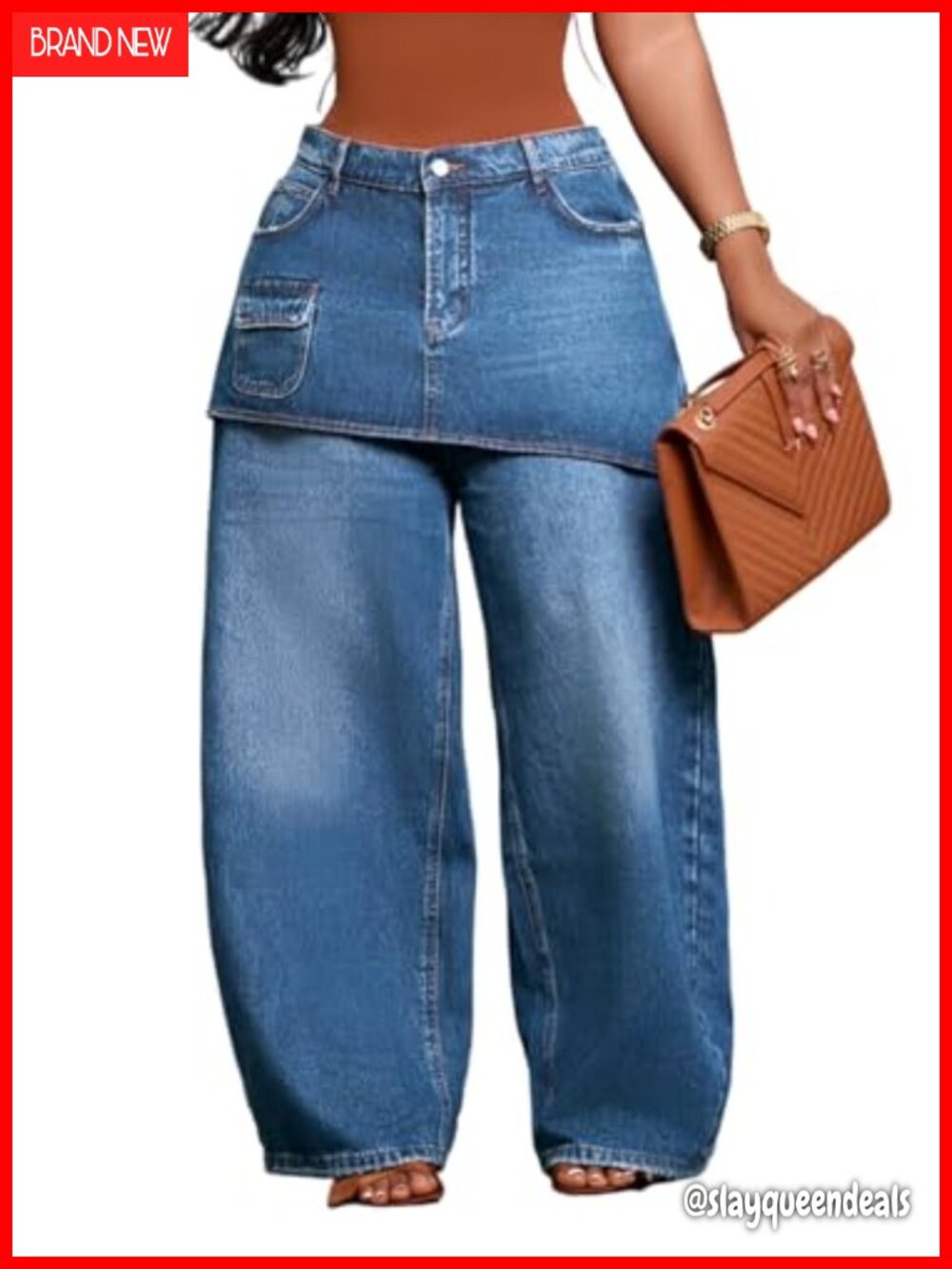 Womens Baggy Cargo Jeans with Two-Piece Apron Overlay Wide Leg